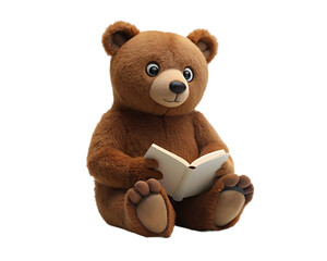 Teddy bear reading a book sitting in a forest