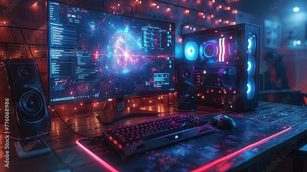 Poster In the dark, a powerful desktop computer with an empty monitor, keyboard, and mouse is shown on a desk. Computer design concept using abstract interfaces for programs.