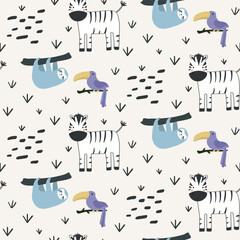 Vector seamless pattern with toucan, zebra, sloth.Tropical jungle cartoon creatures.Pastel animals background.Cute natural pattern for fabric, childrens clothing,textiles,wrapping paper.