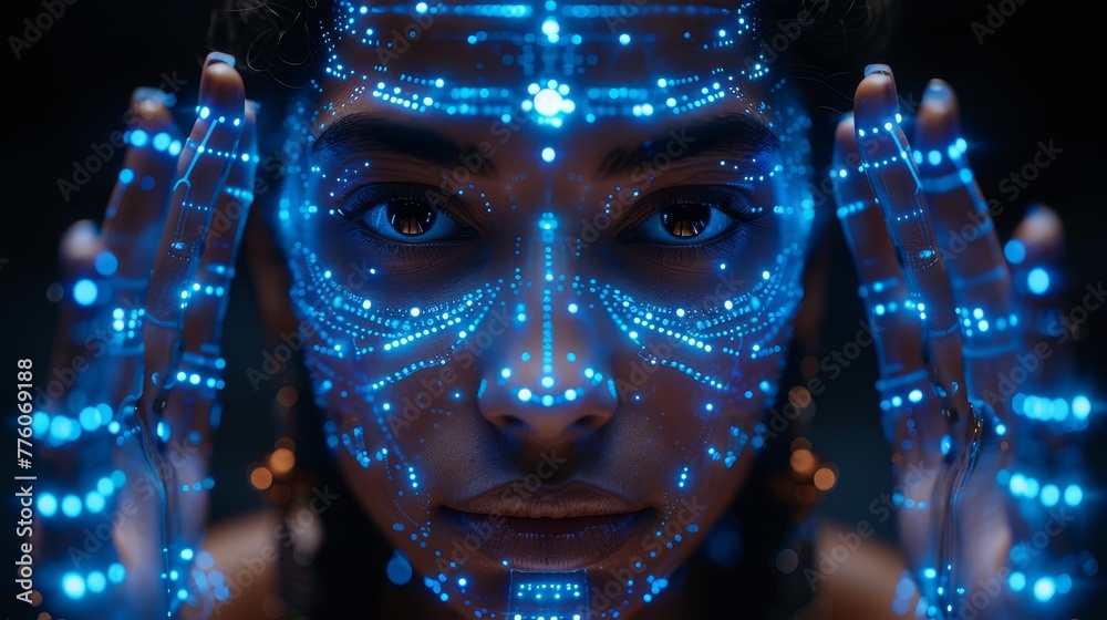 Poster An AI network works on a humanoid robot with four arms in the image of goddess Kali, working with a computer interface. An artificial intelligence network analyses data and works on a HUD.