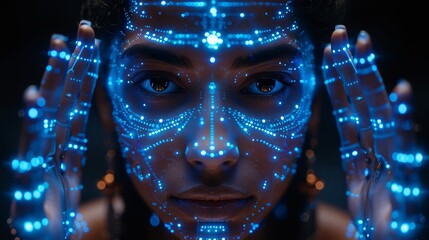 An AI network works on a humanoid robot with four arms in the image of goddess Kali, working with a computer interface. An artificial intelligence network analyses data and works on a HUD. - obrazy, fototapety, plakaty