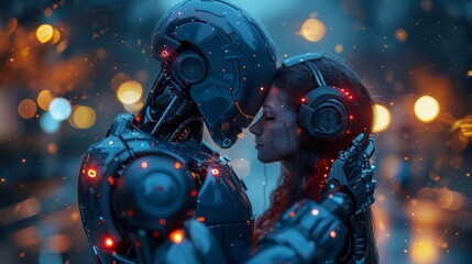 A couple of cyborgs are in love. An intelligent male robot holds an intelligent female robot in his arms. Artificial intelligence. Symmetrical modern illustration of romantic relationships between