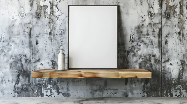 A blank mock-up poster frame rests against a concrete wall on a wooden shelf. Contemporary living room interior design featuring a loft.