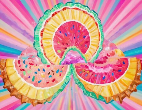 A vibrant composition featuring stylized citrus slices painted in vivid, abstract colors against a dynamic striped background, embodying a joyful and energetic vibe