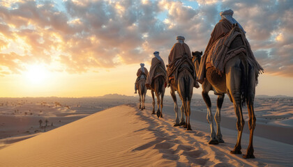 A group of camels are riding across a desert at sunset by AI generated image - obrazy, fototapety, plakaty