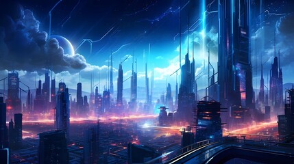 Futuristic city at night with neon lights, 3d rendering