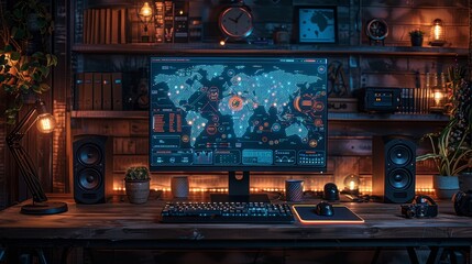 The front view of a desktop gaming computer with abstract API programs interface on a monitor in a dark room with a PC computer, keyboard and mouse. Computer technology concept. - obrazy, fototapety, plakaty