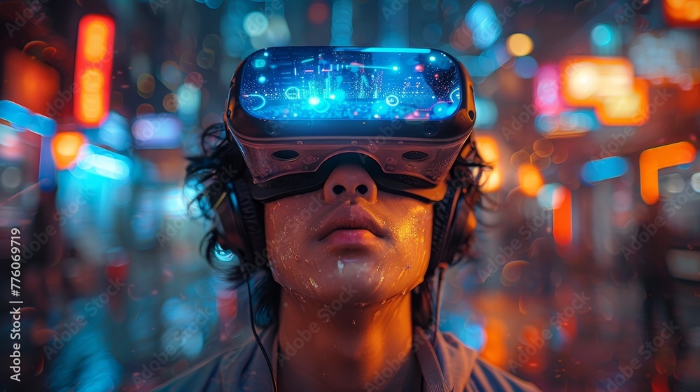 Poster An image of a man wearing virtual reality headset glasses looking up in cyberspace of metaverse. Virtual reality world simulation. Digital entertainment.