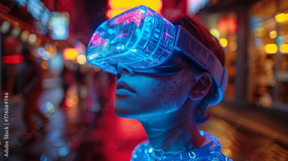 Aufkleber Future tech concept. Man in virtual reality glasses looking at Virtual Reality interface. Guy working in Virtual Reality headset in metaverse. 3D rendering.