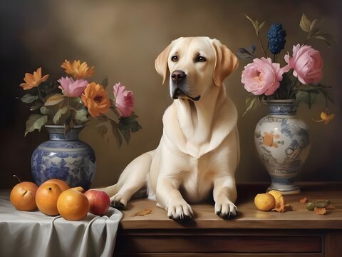 A dog labrador in a beautiful still life painting