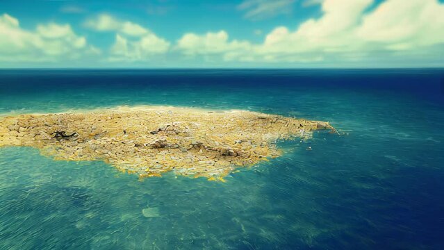 Aerial view of Plastic Island or Great Pacific Garbage Patch or Pacific Trash Vortex, consisting mainly of plastic, light metals organic residues of ocean garbage. Environmental disaster. AI-generated