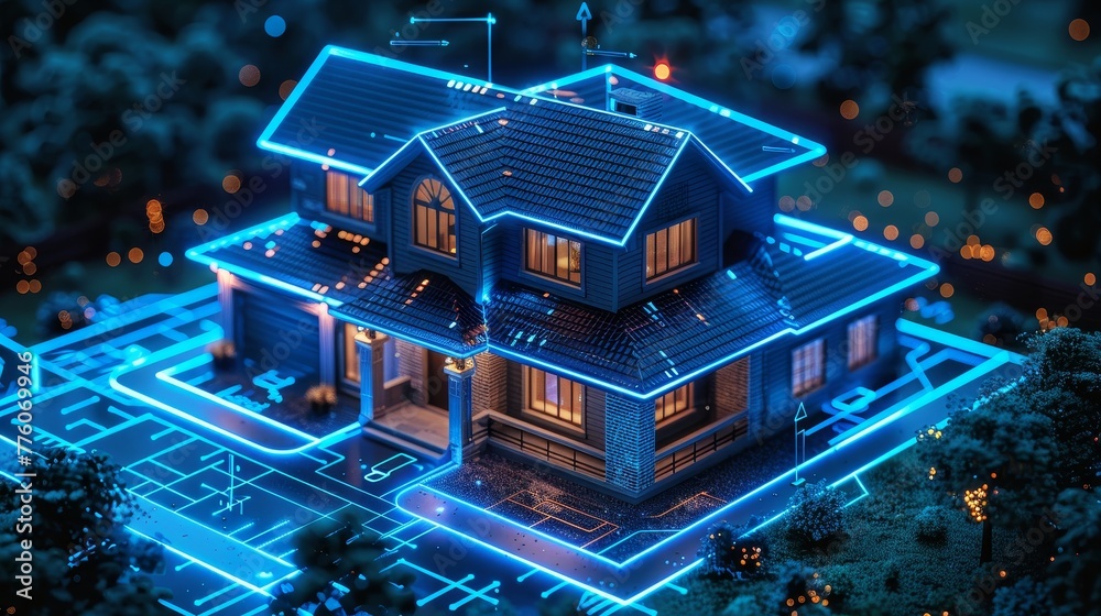 Poster an internet of things smart home system, where smartphones control domestic devices. 3d rendering.