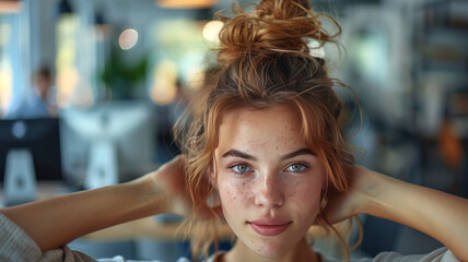 Fototapeta premium Portrait of a young woman screeming with a funny face, casual clothes , Holds hairs up, in business environment,generative ai
