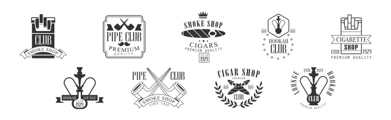 Pipe Shop and Hookah Club Label and Logo Design Vector Set - obrazy, fototapety, plakaty