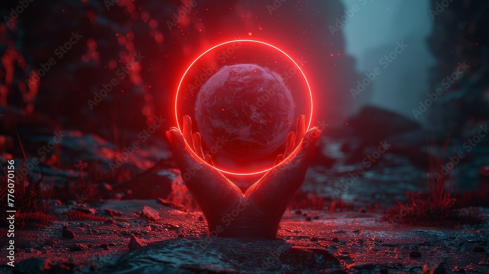 Leinwandbilder future science background with futuristic red neon frame over hand human. abstract circle light hang