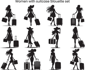 Set of women with suitcase silhouette