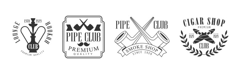 Pipe Shop and Hookah Club Label and Logo Design Vector Set - obrazy, fototapety, plakaty