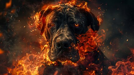 Charred hell dog, emerging from flames, grim and foreboding dark realm , sci-fi tone, technology - obrazy, fototapety, plakaty