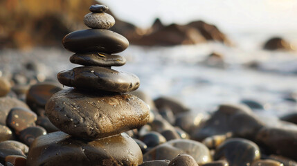 A photograph of balanced stones on the beach, creating an artistic and peaceful composition, with a clear sky in the background.