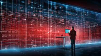 A cybersecurity professional analyzes complex data patterns on futuristic digital screens in a high-tech control room.
