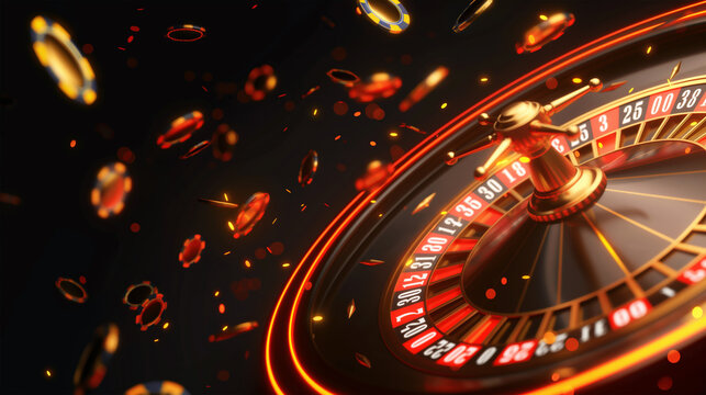 Casino Roulette wheel with Casino chips on the background, Illustration