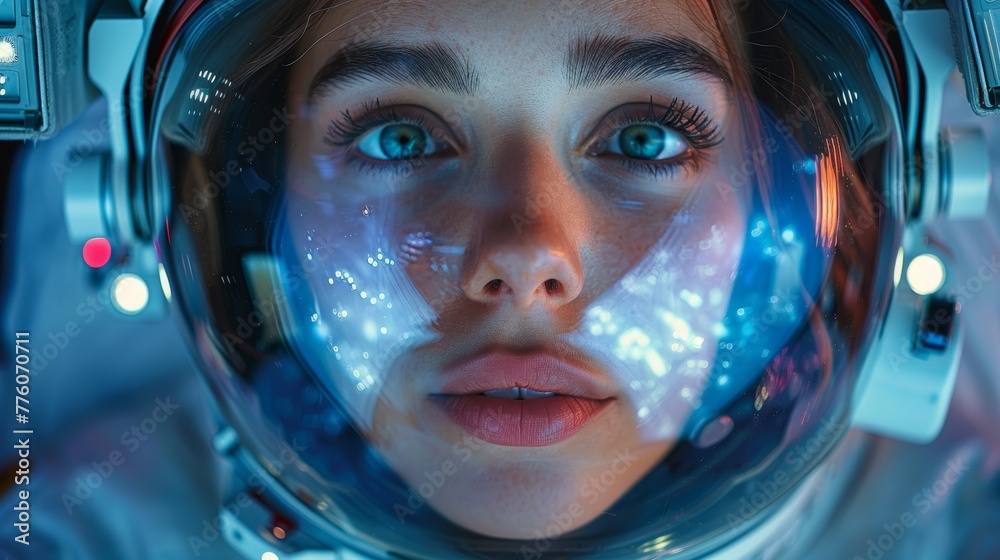 Aufkleber astronaut helmet close up. space tourist in space suit in space. concept of space tourism. head in h