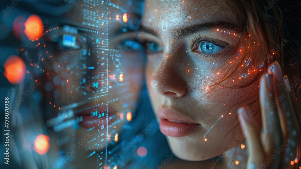 Poster Robotic woman in image interacting with 3D holographic interface. Woman with beautiful face and cybernetic hand pressing button. Concept of anthropomorphic artificial intelligence.