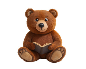 Teddy bear reading a book sitting in a forest