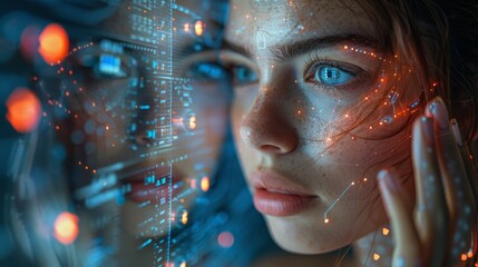 Robotic woman in image interacting with 3D holographic interface. Woman with beautiful face and cybernetic hand pressing button. Concept of anthropomorphic artificial intelligence.