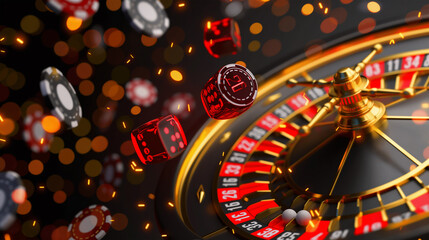 Fototapeta na wymiar Casino Roulette wheel with Casino chips on the background, Illustration