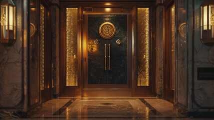 At the entrance of an upscale hotel, a grand door bearing the distinctive logo of a renowned brand stands as a symbol of elegance and prestige, captured in vivid HD detail - obrazy, fototapety, plakaty