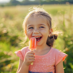 happy and smiling little girl eating a popsicle on a hot summers day in her backyard