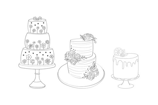 A drawing depicting three distinct cakes placed on a table. Each cake is uniquely designed and stands out on the table surface
