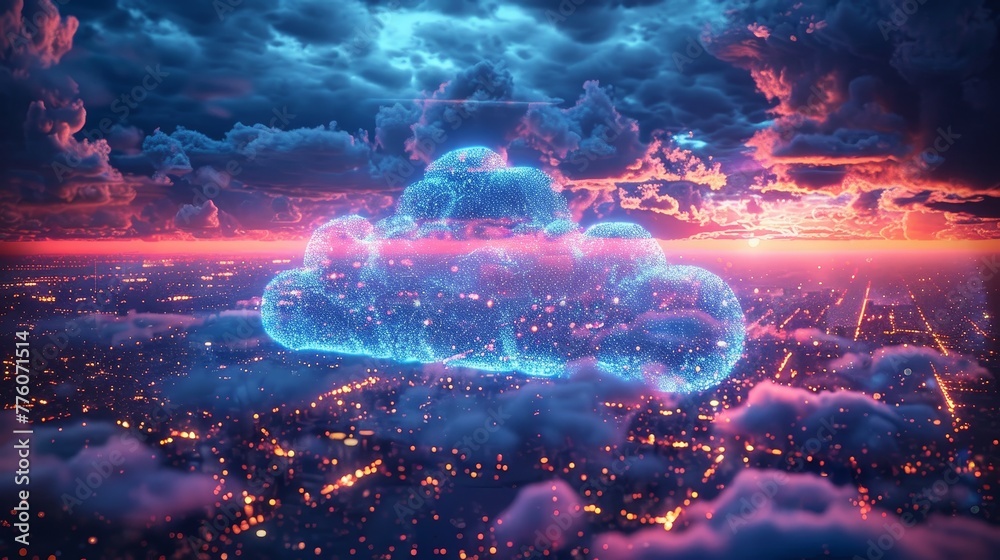 Leinwandbilder Digital cloud over virtual Smart City on podium. Technology IoT. Smart city wireless internet communications using cloud storage and cloud services. Download, upload data to cloud.