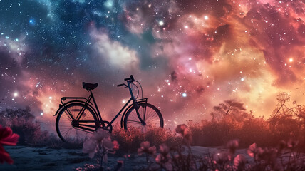 A lone bicycle stands in a mystical field under a breathtaking cosmos, creating a surreal and...