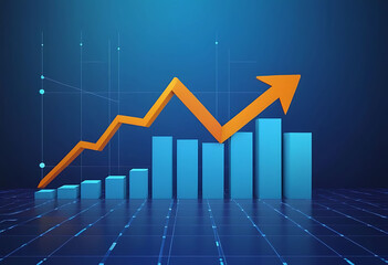 Digital growth graph chart with up arrow on technology blue background. Business and financial concept. Stock market and investment symbol. Low poly wireframe vector illustration in futuristic style