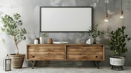 A mock-up, empty poster frame is positioned above a wooden dresser cabinet with home decor on a grey stucco wall. The contemporary living room's rustic interior design