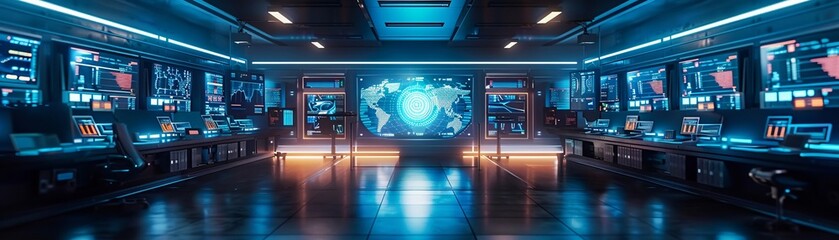 Cybersecurity command center monitoring AI and blockchain, detailed and vigilant tech operation scene , sci-fi tone, technology - obrazy, fototapety, plakaty