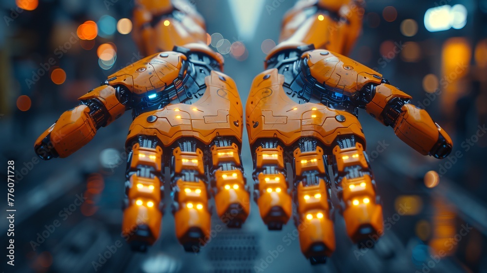 Poster The orange robotic mechanical hands are controlled by robots or cyborgs with artificial intelligence on factory floor or at manufacturing facility. Industry 4.0. Tech in industrial revolution.