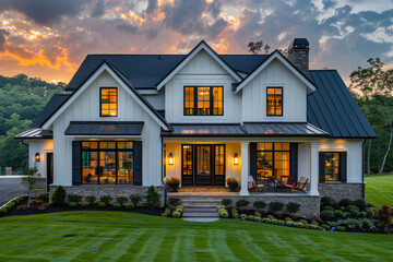 A white and black farmhouse with gable roof, large windows, dark metal accents, traditional architecture style. Created with Ai