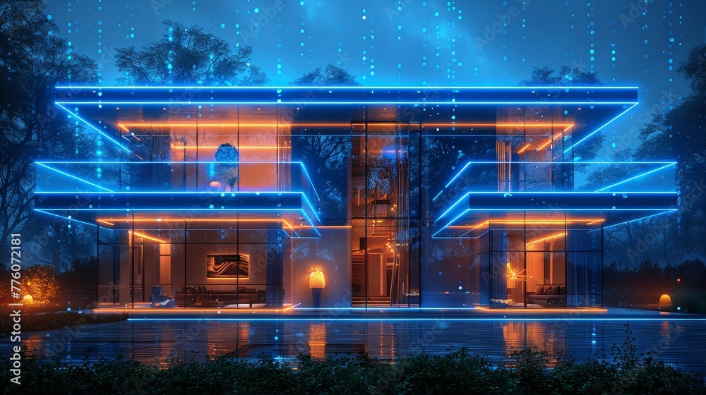Poster Design concept of a smart building. Engineering of autonomous systems for smart buildings. Development of an apartment house project. Architectural plan, facade blueprints.