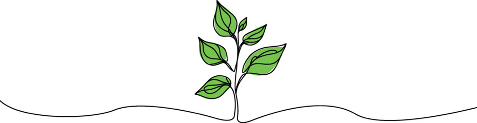 Growing sprout one line art .Vector silhouette of growing green plant. Hand drawn green leaf. Growing sprout plant continuous line .Plant with roots single line.