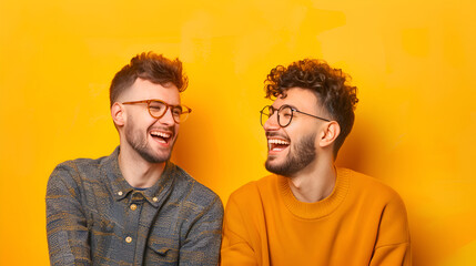 Two laughing young men in eyeglasses on the yellow background