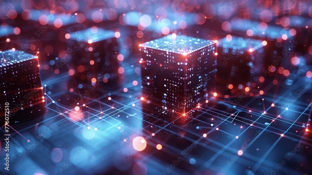 Poster Data blocks in cyberspace. Fintech computer isometric conceptual background. Blockchain network abstract illustration. Block chain technology represented by digital cubes.