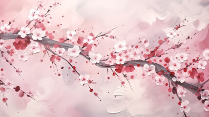 A serene painting of delicate cherry blossoms with a gentle dispersion on a soft pink background, symbolizing spring's arrival.
