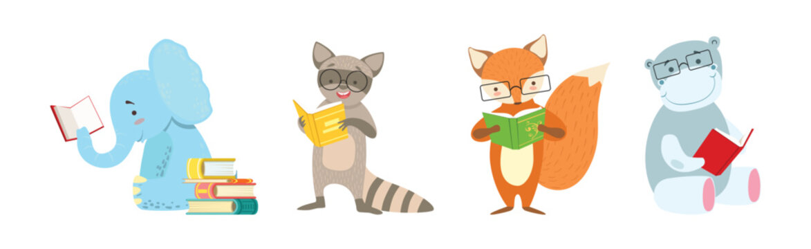 Funny Animal Character Read Book and Interesting Literature Vector Set