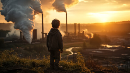 A young boy stands before a smoky industrial backdrop, contemplating the environmental impact as the sun sets.
