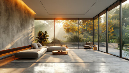 Modern luxury interior design, living room and dining area in the background with a long sofa. Created with Ai