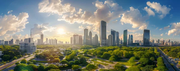 Poster Panorama of city with integrated IoT tech. panoramic view of modern city park, where natural and urban environments coexist harmoniously under a beautiful sky. © Truprint