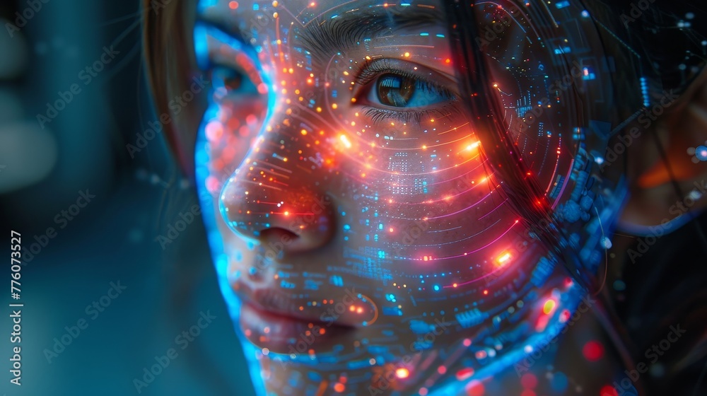 Poster Artificial intelligence. Woman Cyborg head with artificial neural networks brain. Neon cyberpunk word in style 80th. Female robot face with computer artificial intelligence. Electronic Technology